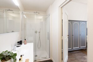 Shower, hair dryer, bidet, towels