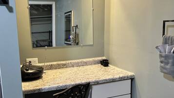 Hair dryer, towels, soap, toilet paper