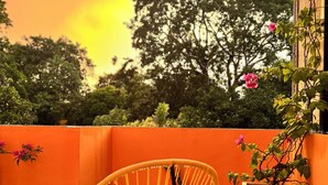 A balcony with two yellow chairs, a potted plant, and a view of trees and sky. - Tropical Mid-Century Modern B&B in Merida's Centro Historico, Verde (Mérida)