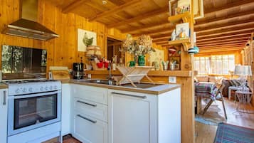 Cozy cabin kitchen with stove, sink, and kitchen utensils.