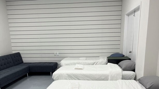 A hotel room with a modern design, featuring a sectional sofa, two single beds, and a small desk. - 3 single and 2 sofa beds Studio Suite 7 (Auckland)