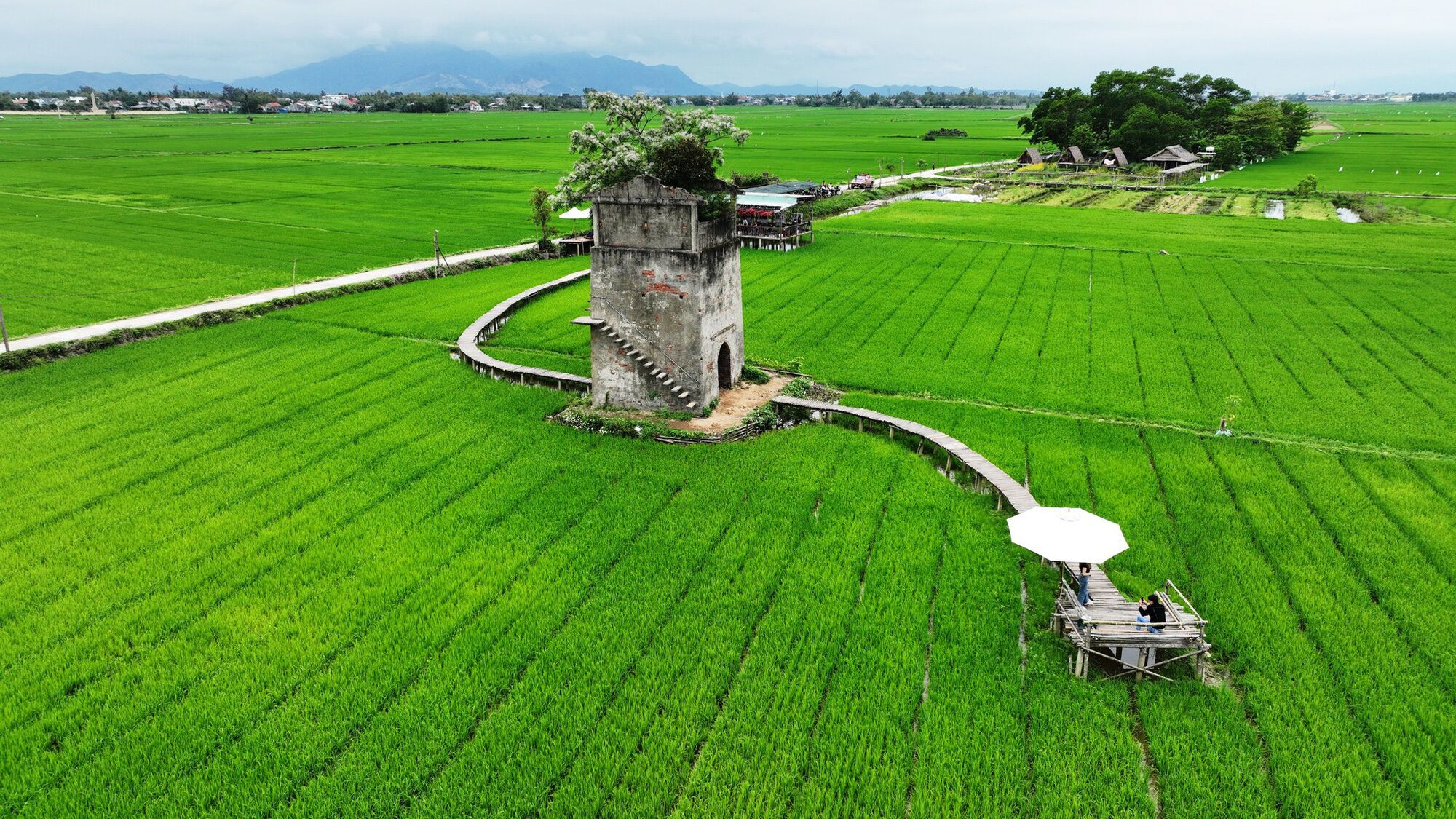 A large green field with a stone tower and a wooden walkway.