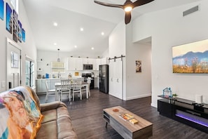 Smart TV, fireplace, video games, DVD player