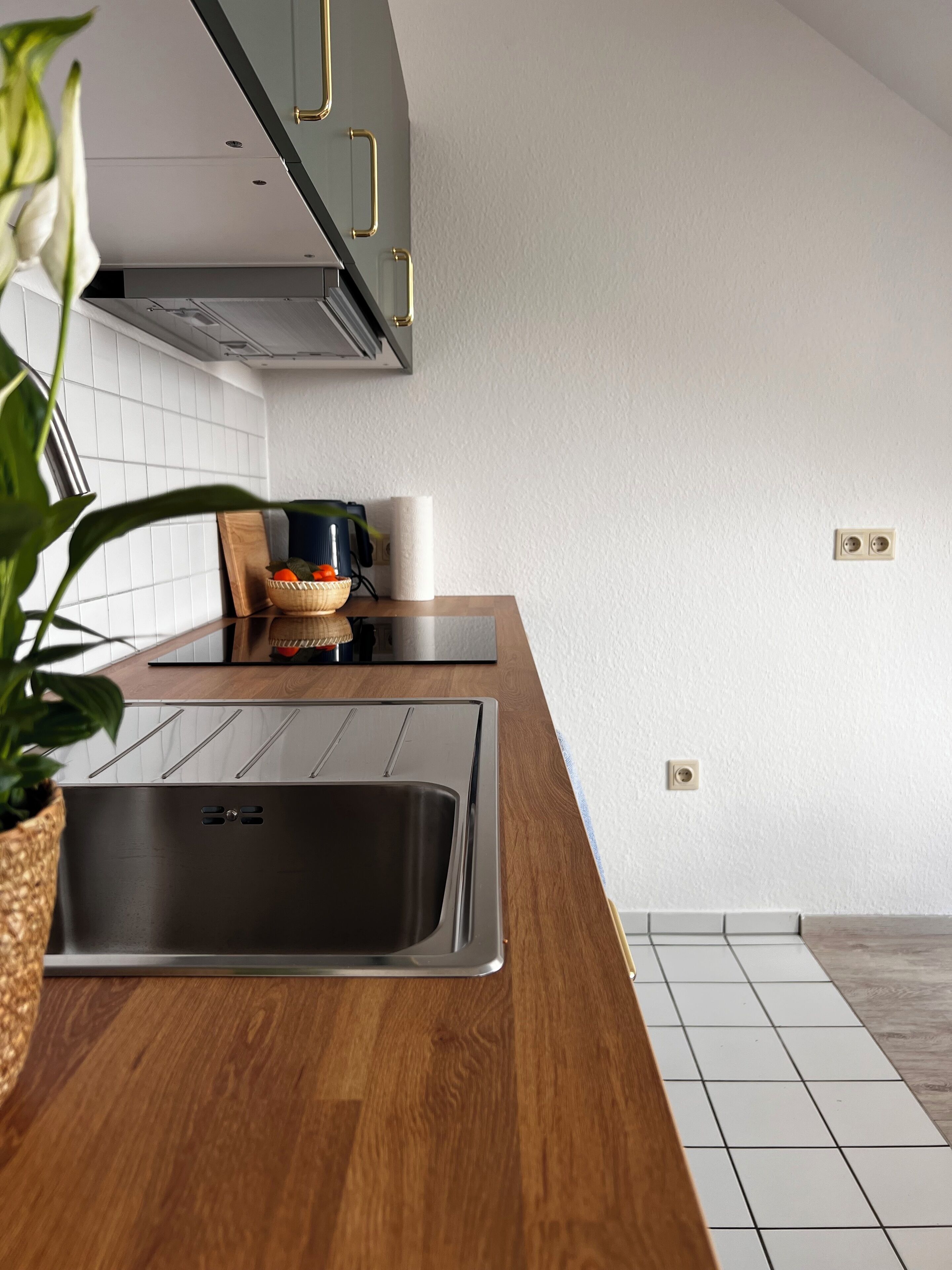 Eine moderne Küche mit einer Edelstahlspüle, einer Holzarbeitsplatte und einem Blumentopf.