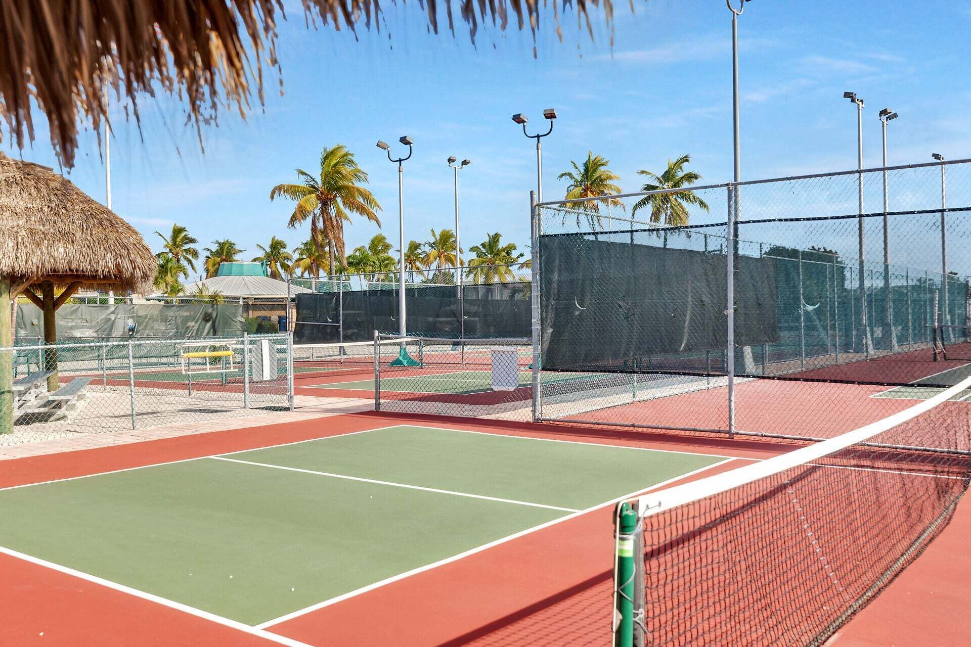 An outdoor tennis court with a net, surrounded by a fence, and palm trees in the background.