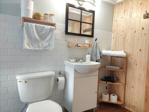 Hair dryer, towels, soap, toilet paper