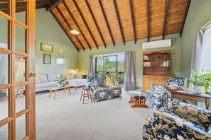 Fireplace, books, computer monitors