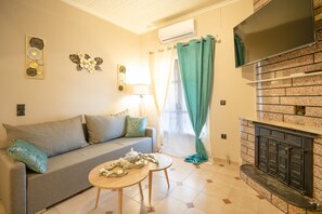 Télévision, cheminée, livres