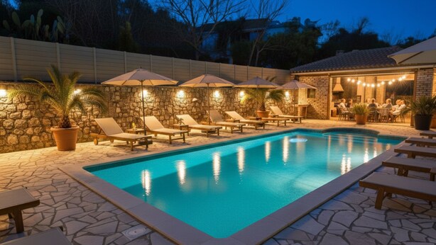 Une piscine entourée de murs en pierre et de plantes en pot, avec des chaises longues et des parasols.