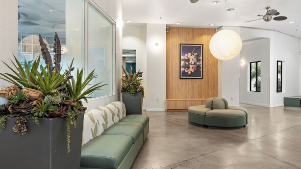 A modern lobby with a green sofa, a wooden accent wall, and a large plant. - Little Italy Inn - Limited Service Apart Hotel (San Diego)