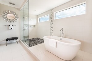 Shower, hair dryer, towels