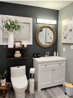 Hair dryer, towels, soap, shampoo