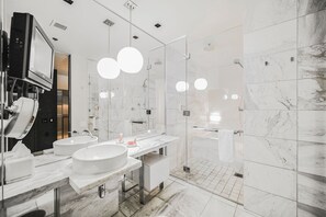 Shower, jetted bath, hair dryer, towels - High Floor Studio Strip View w/Open Balcony | at Palms Place (Las Vegas)