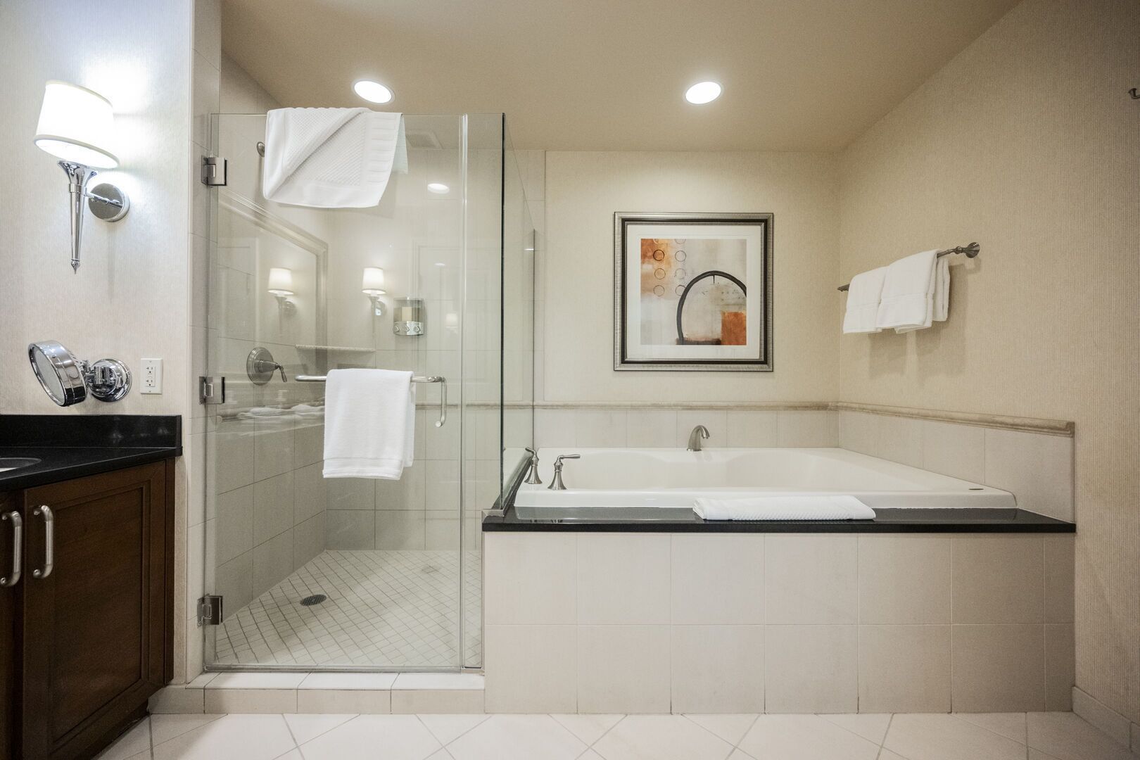 Shower, jetted bath, hair dryer, towels
