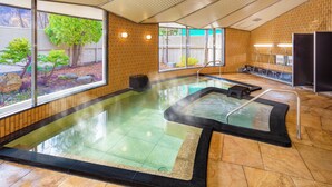 Un espace spa comprenant une grande piscine intérieure, un bain à remous séparé et une vue sur un jardin agrémenté d’arbres et de rochers.
