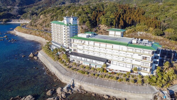A large hotel with multiple floors, a green roof, and a view of the coastline. - Shibushiwan Daikoku Resort Hotel (Shibushi)