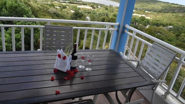 Een balkon met een tafel gedekt voor twee personen, met een fles en glazen, en rozenblaadjes verspreid over de tafel.