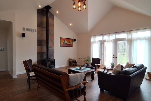 Fireplace, books, stereo