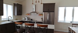 Fridge, oven, stovetop, coffee/tea maker - Georgian Bay Escape Cottage in Meaford. Cozy Sky cottage with fireplace. (Meaford)