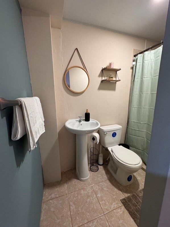 A bathroom with a sink, toilet, and a mirror.