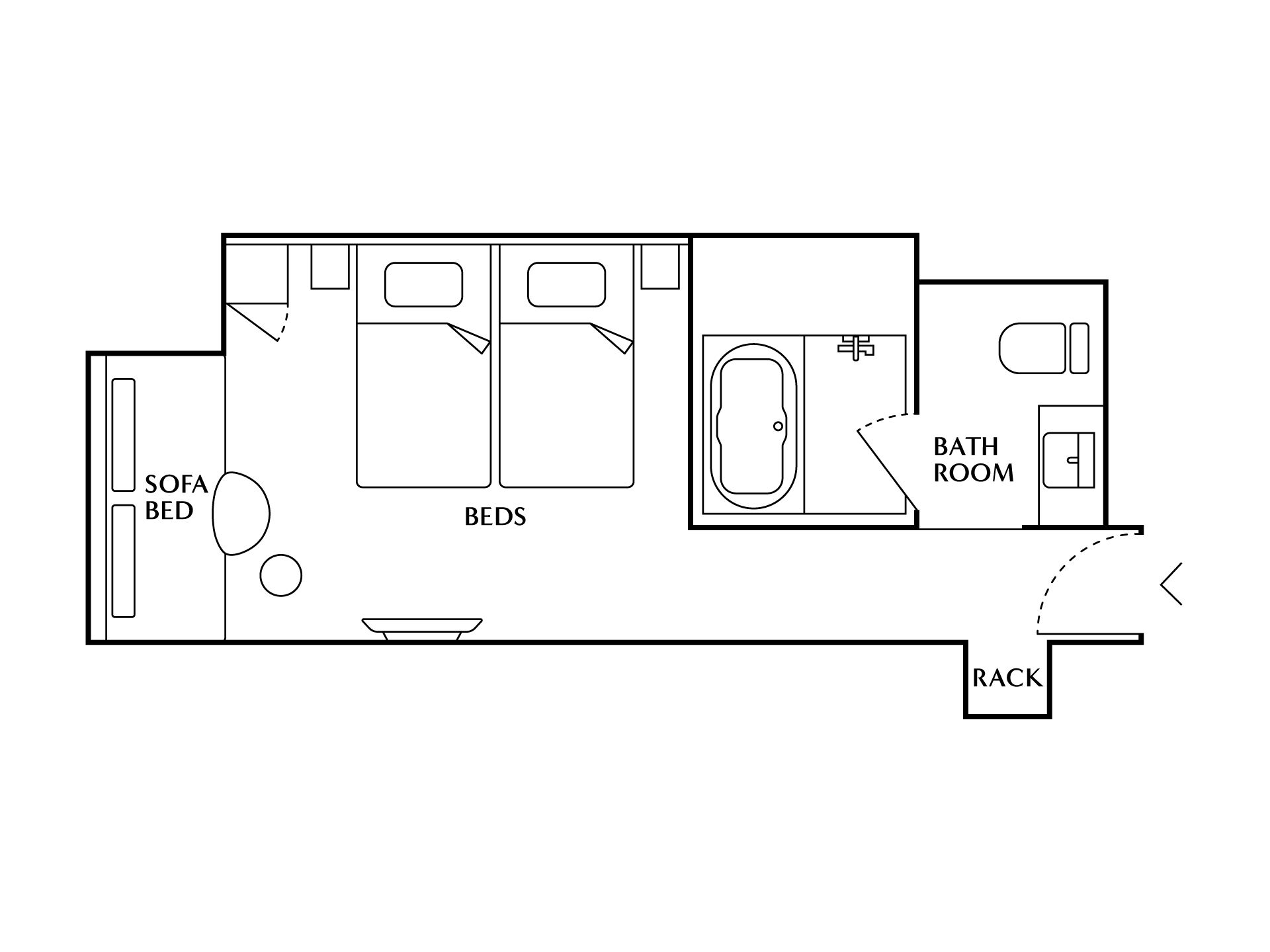 A floor plan with a sofa bed, two beds, a bathroom, and a rack.