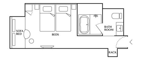 Un plan d’étage comprenant un canapé-lit, deux lits, une salle de bain et un porte-manteau.