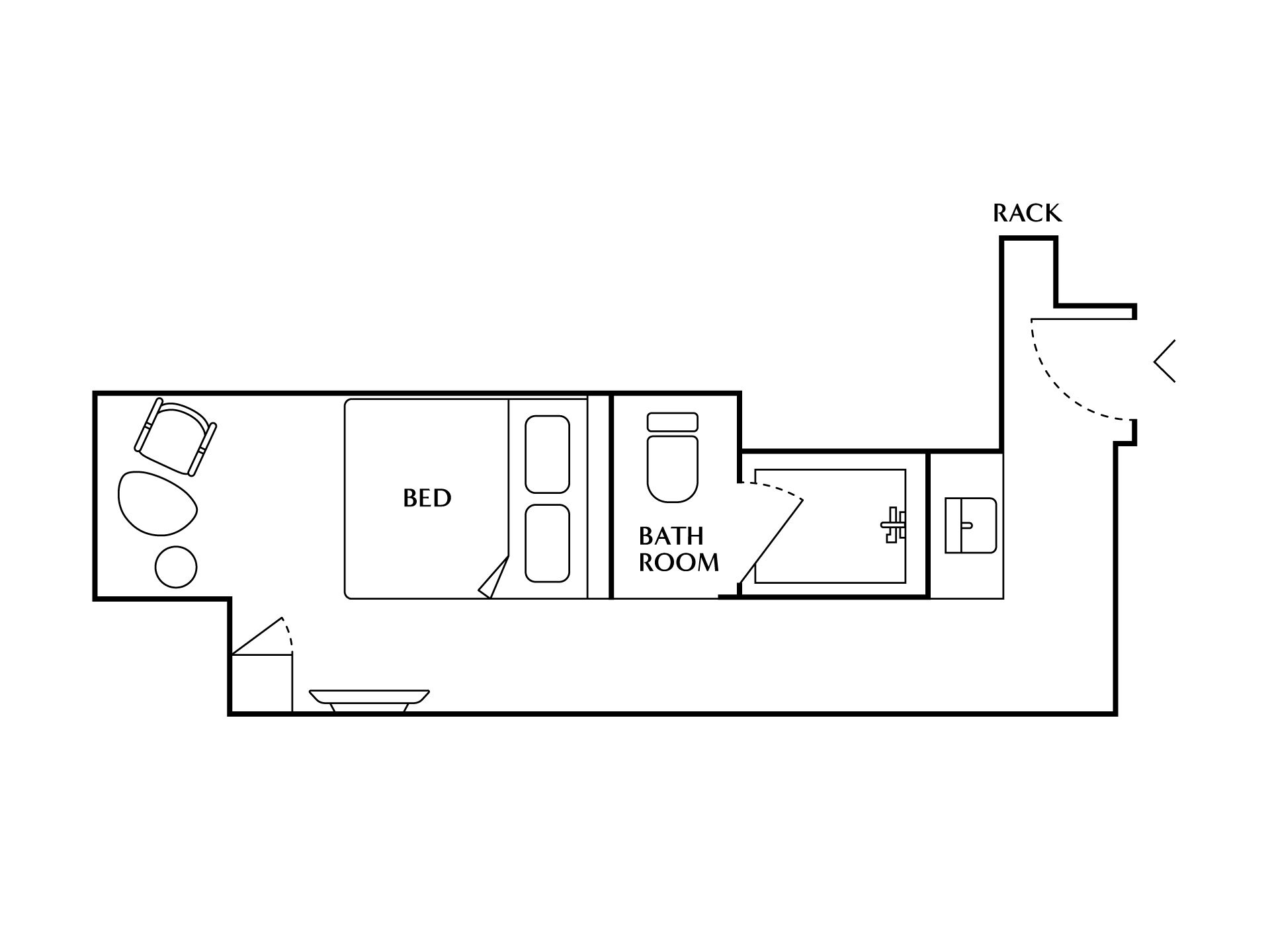 A floor plan with a bed, bathroom, and a rack.
