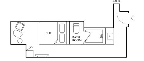 A floor plan with a bed, bathroom, and a rack.