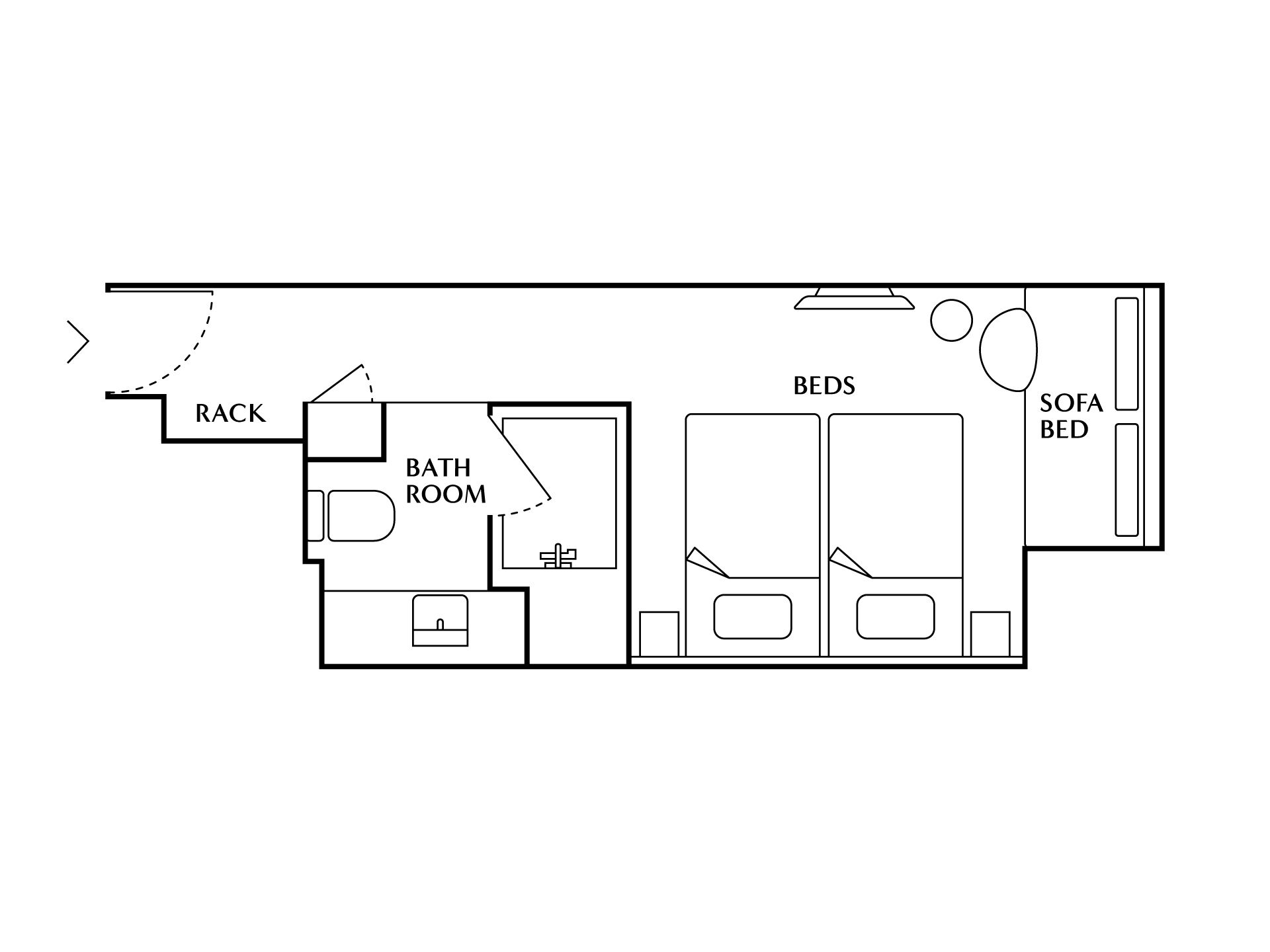 A hotel room layout with a bathroom, two beds, a sofa bed, and a rack.