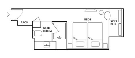 A hotel room layout with a bathroom, two beds, a sofa bed, and a rack.