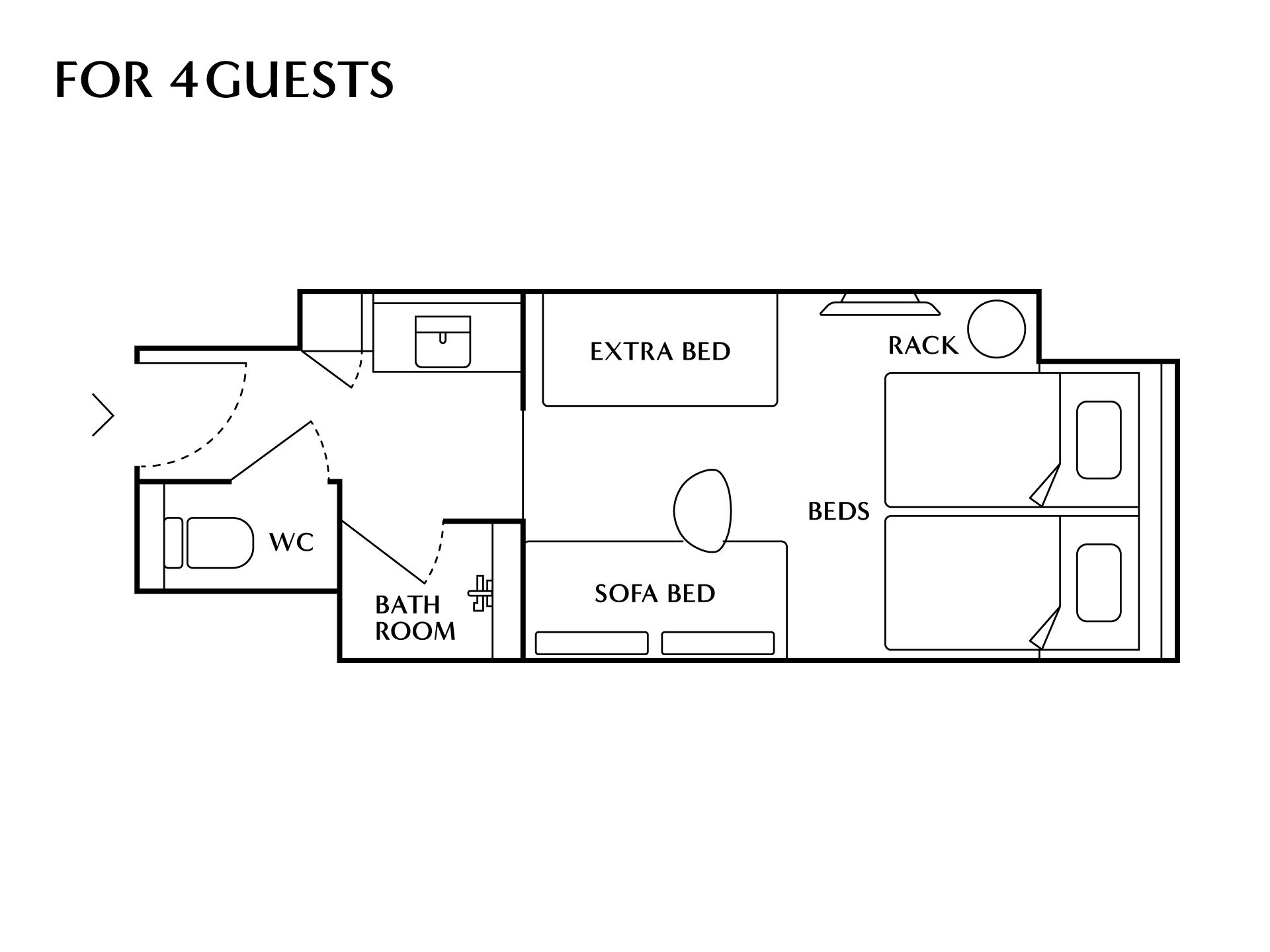 En planritning som visar ett badrum, en bäddsoffa, en extra säng och ett sovområde.