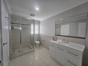Shower, towels, toilet paper