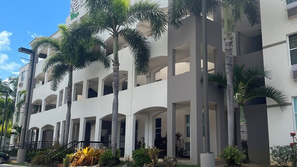Un hôtel à plusieurs étages doté de balcons et de palmiers.