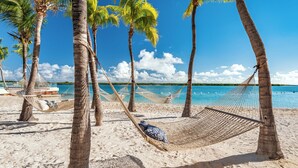 Une scène de plage avec des hamacs attachés à des palmiers, une plage de sable et une mer d’un bleu limpide.