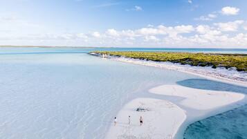 A beach with clear turquoise water, white sand, and sparse vegetation.