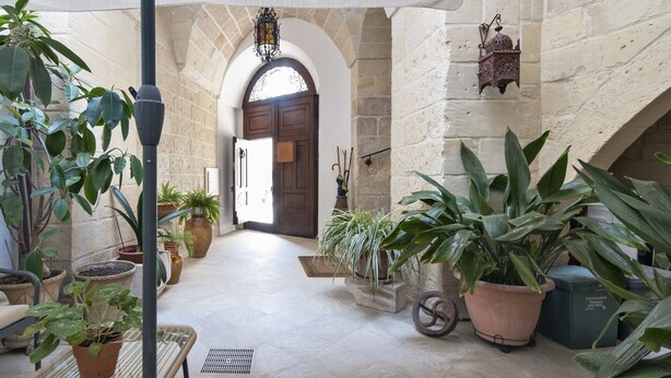 A corridor with stone walls, a wooden door, and various potted plants. - Fanfulla Court - Lecce Selection (Lecce)