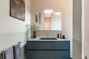 Shower, hair dryer, bidet, towels