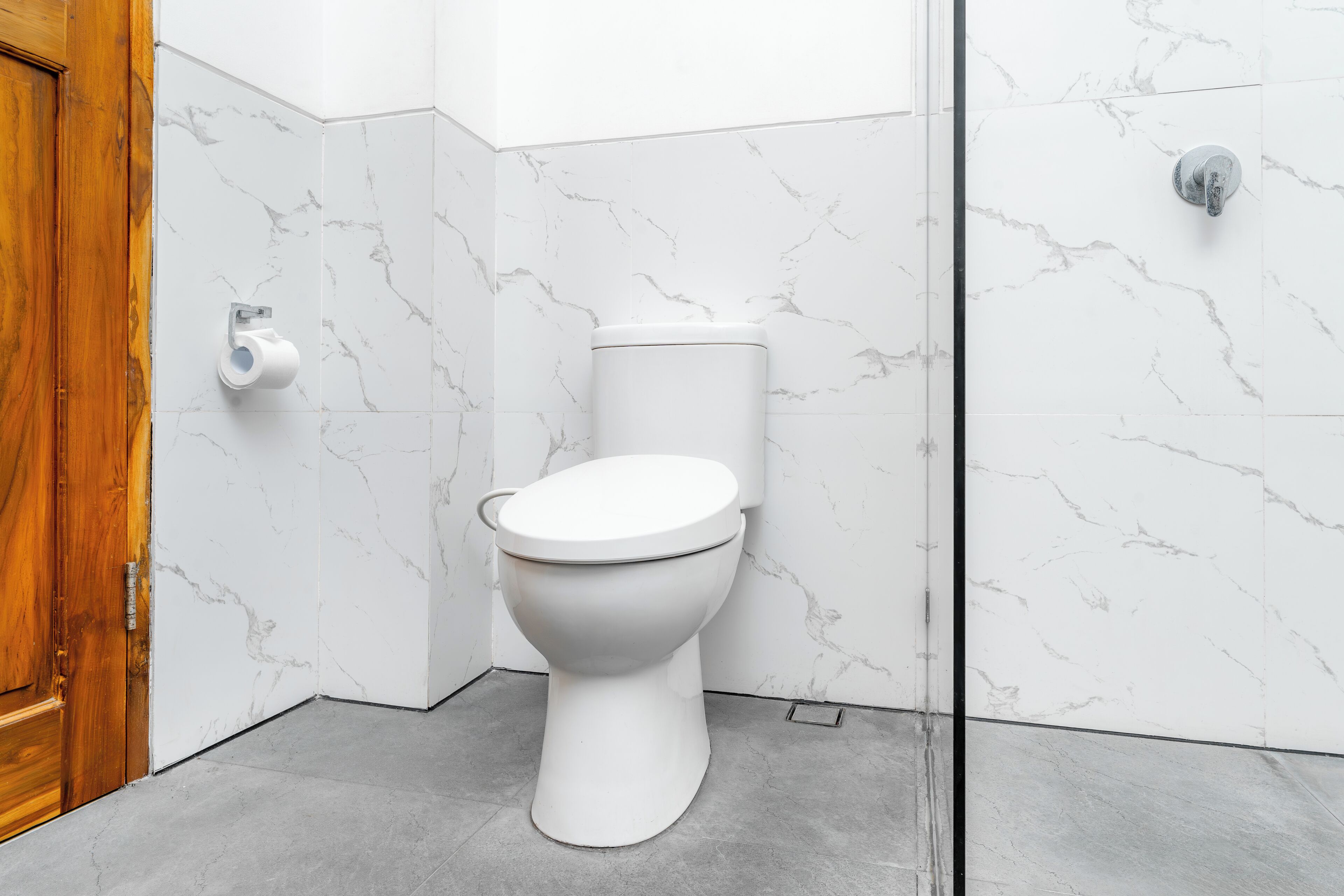 A modern bathroom with a toilet, marble walls, and a wooden door.