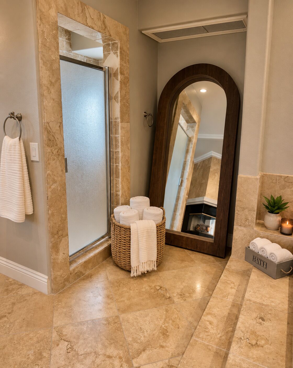 A bathroom with a marble floor, a glass shower enclosure, a wooden-framed mirror, a wicker basket with towels, and a small plant.
