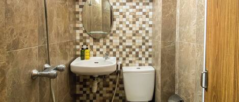 A compact bathroom with a shower, toilet, sink, and a mirror.