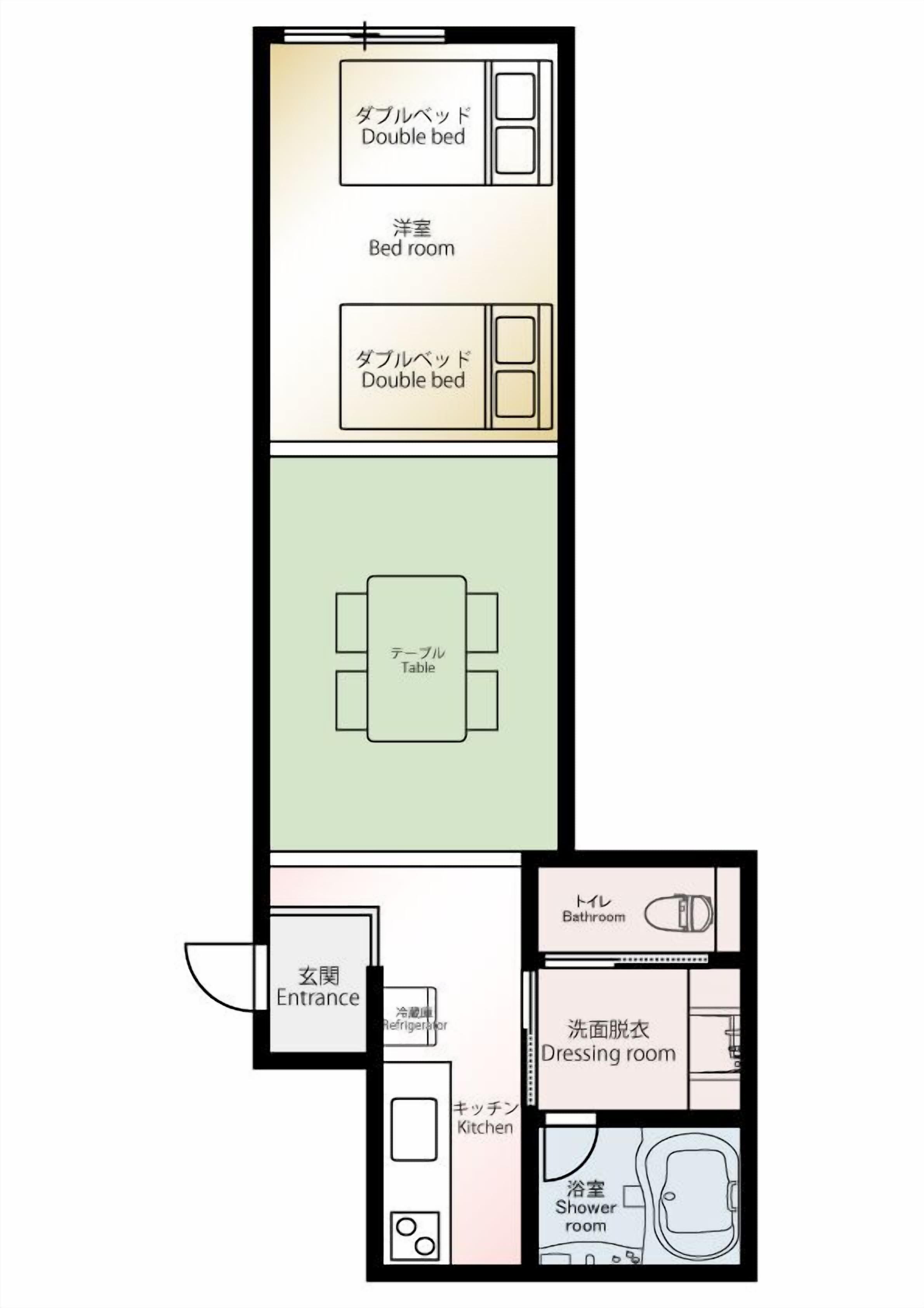 Plano de un hotel que muestra una habitación con cama doble, una mesa, entrada, refrigerador, vestidor, cocina y baño.