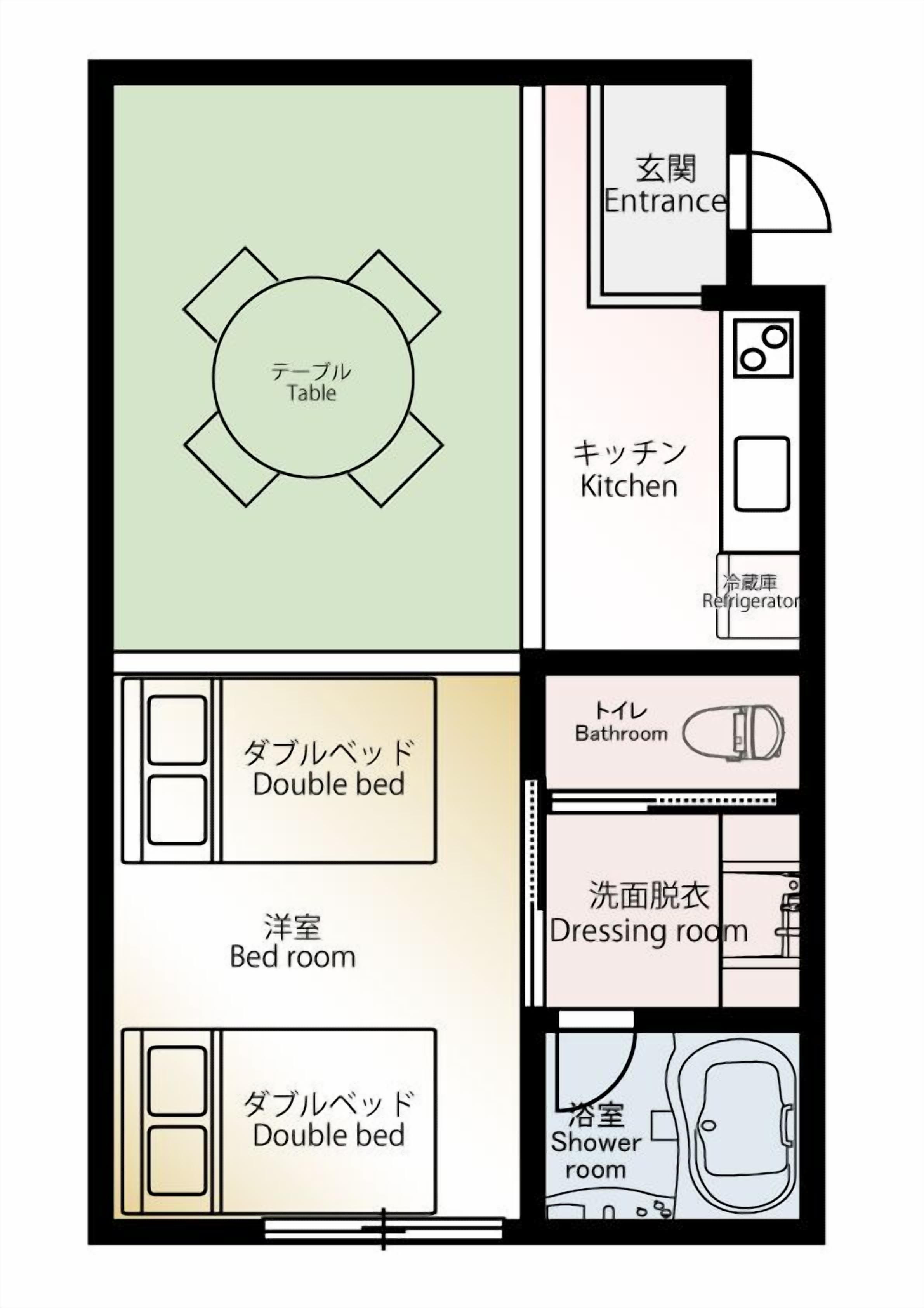 A hotel floor plan with a central table, kitchen, double beds, a bathroom, a dressing room, and a shower room.