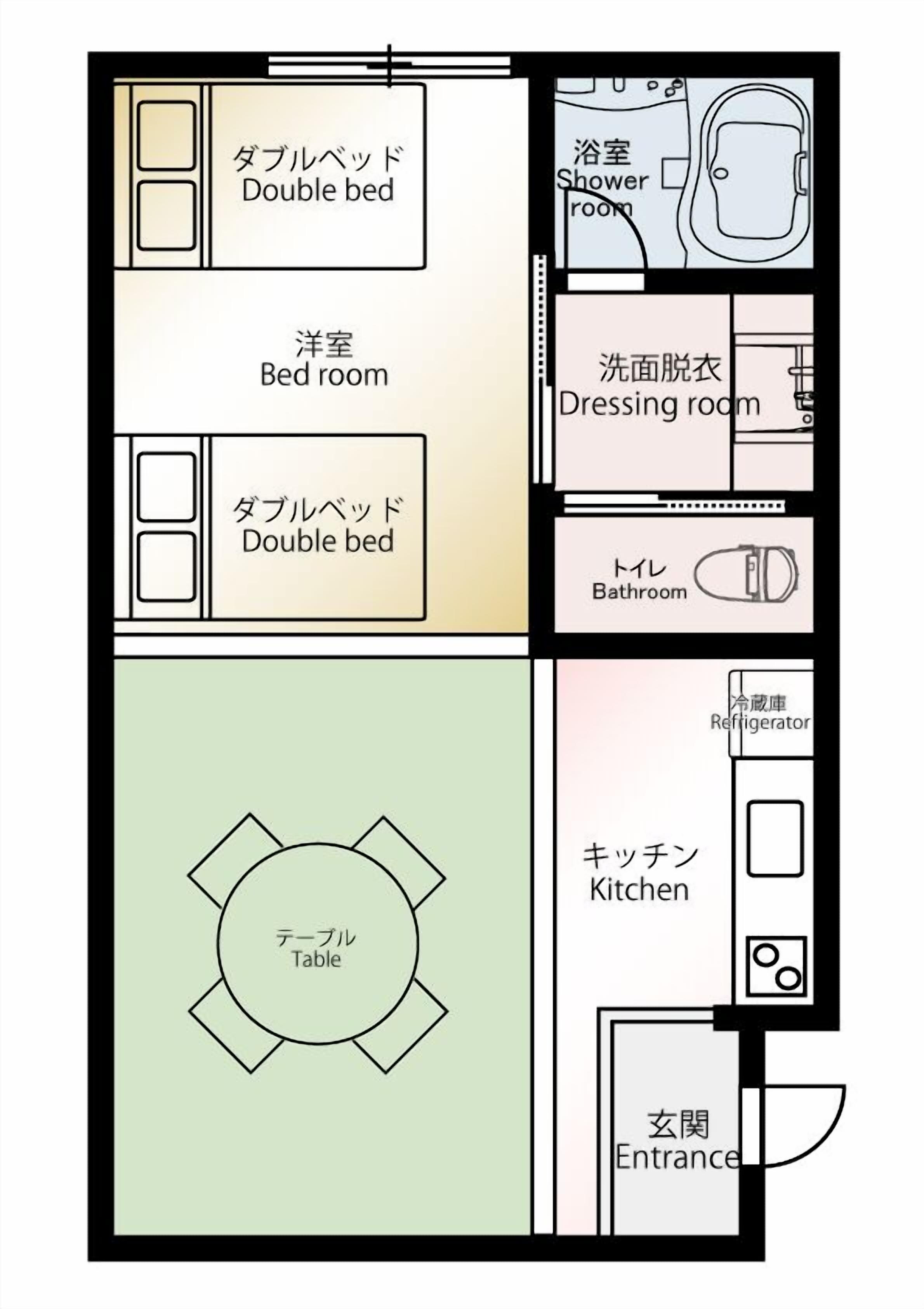 Grundriss eines Hotelzimmers mit Doppelbett, Schlafzimmer, Duschraum, Ankleidezimmer, Badezimmer, Küche, Tisch und Eingang.