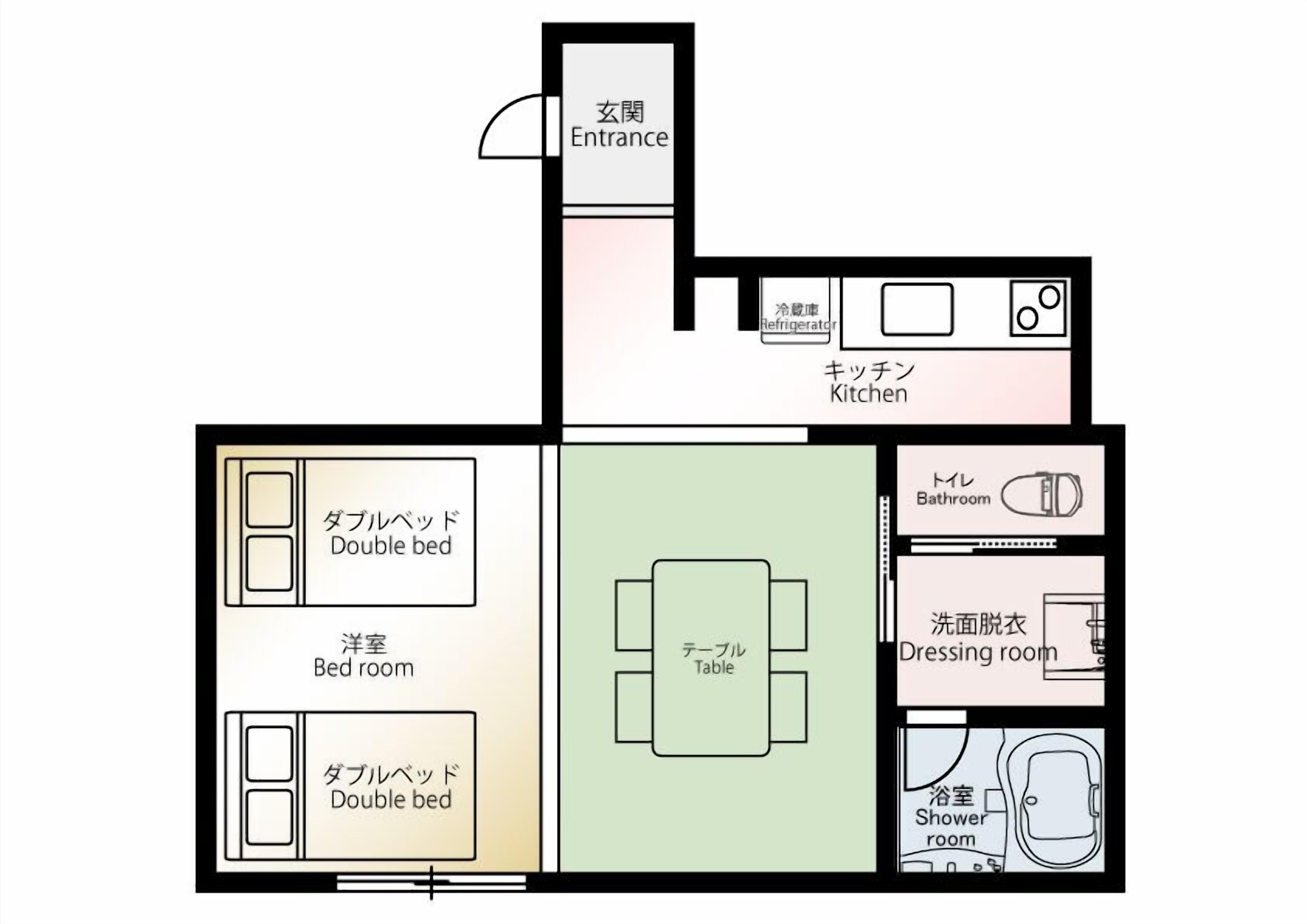 A floor plan with an entrance, kitchen, double bed room, table, bathroom, dressing room, and shower room.