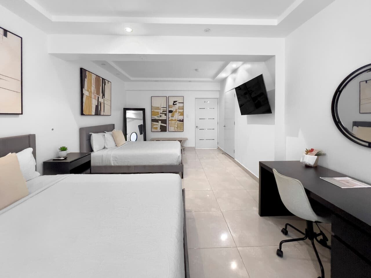 Desk, travel crib, free WiFi, bed sheets