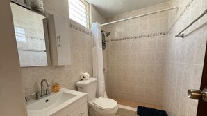 Baño con lavamanos, inodoro y zona de ducha.