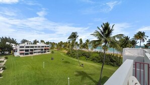 Ein Hotel mit gepflegter Rasenfläche, Palmen und Blick auf das Meer.