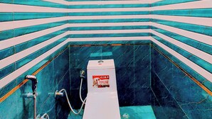 A bathroom with a white toilet, a shower, and a bathtub. The walls are tiled with a blue and white pattern. - Shri Raghav Kunj 200 Mtr from RAM Temple (Faizabad)