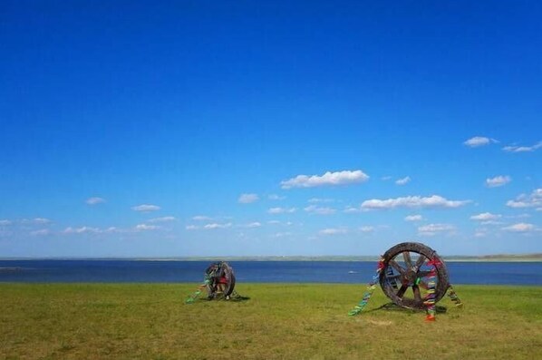 Une zone herbeuse avec une grande structure en forme de roue et une personne au loin.