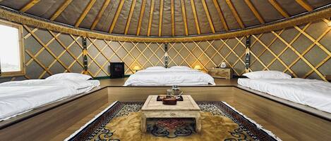 Family Quadruple Room, Patio, Hill View | Down duvets, individually decorated, individually furnished, bed sheets